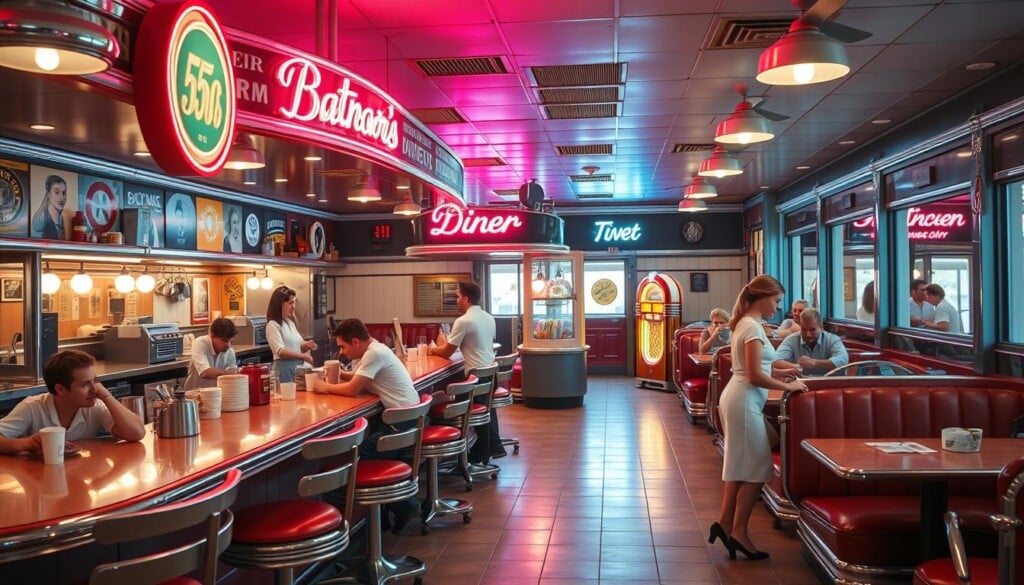 A bustling 1950s-style diner, its neon sign casting a warm glow over the scene. Inside, the counter is lined with swiveling stools, while booths along the walls are filled with patrons sipping coffee and sharing hearty meals. The decor features vintage chrome fixtures, tiled floors, and a jukebox in the corner playing classic rock 'n' roll. Bright lighting illuminates the servers in crisp white uniforms, as they move efficiently between tables, embodying the energetic spirit of American diner culture. The atmosphere is one of casual camaraderie, where strangers become friends over a shared plate of pancakes and a slice of pie.