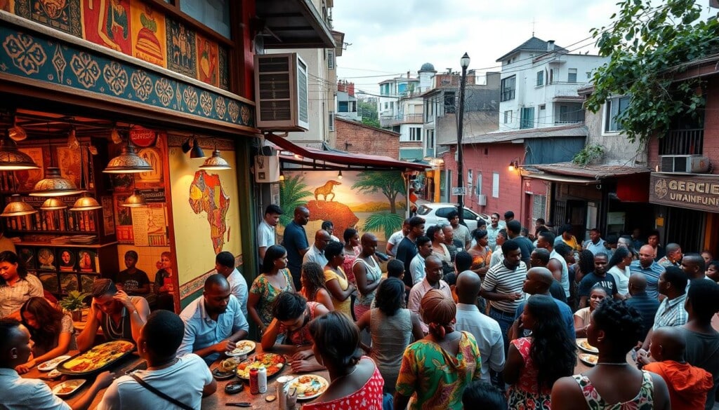 A bustling African restaurant in a vibrant urban setting, with diners enjoying a variety of flavorful dishes. The interior features warm lighting, colorful textiles, and lively conversations, creating a welcoming atmosphere. Outside, a diverse crowd gathers, engaged in lively discussions and cultural exchanges. Midground showcases a mural depicting African heritage, while the background suggests a diverse neighborhood, with a mix of buildings and greenery. The overall scene conveys a sense of community, celebration, and the positive impact of African cuisine on the local area.