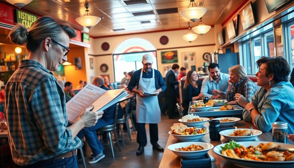 A bustling American diner, with a diverse array of patrons enjoying a variety of dietary options. In the foreground, a health-conscious customer peruses the menu, focusing on gluten-free, vegetarian, and vegan selections. The middle ground features a server expertly preparing a custom meal to accommodate a customer's food allergy. In the background, a group of friends share a hearty family-style feast, including low-sodium and lactose-free dishes. Warm lighting and a retro-inspired ambiance create a welcoming atmosphere, showcasing the inclusive nature of the modern American restaurant experience.