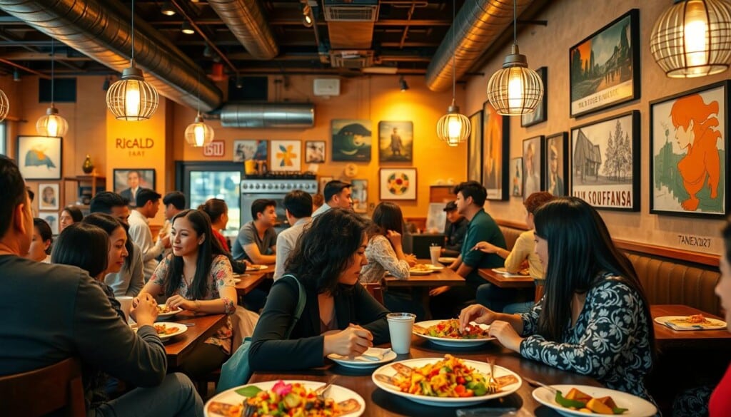 A bustling Asian fusion restaurant, its warm lighting and inviting atmosphere setting the stage for a gathering of community members. In the foreground, patrons of diverse backgrounds engage in animated conversations over plates of vibrant, artfully-presented fusion dishes. The middle ground features the restaurant's staff, their friendly demeanors and attentive service fostering a sense of belonging. In the background, local artwork adorns the walls, highlighting the establishment's support for the neighborhood's creative talents. The overall scene conveys a harmonious blend of cuisines, cultures, and community engagement, captured through a wide-angle lens with a shallow depth of field.