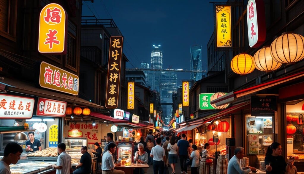 A bustling Asian night market scene, vibrant with neon signs, lanterns, and the aroma of authentic cuisines. In the foreground, a diverse array of food stalls and vendors showcasing an array of traditional dishes. The middle ground features patrons dining at cozy outdoor tables, immersed in lively conversation. In the background, the city skyline glows with a sense of community and cultural celebration. Soft, warm lighting casts a welcoming atmosphere, inviting visitors to explore and support these local, family-owned Asian restaurants.