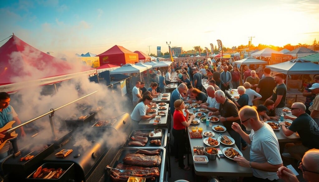 A bustling BBQ festival scene, captured with a wide-angle lens. In the foreground, sizzling grills and smokers belch fragrant plumes of smoke, surrounded by eager crowds sampling an array of succulent meats and sauces. In the middle ground, lively music and laughter fill the air as people gather at long communal tables, sharing plates piled high with ribs, brisket, and pulled pork. The background showcases a vibrant tapestry of colorful vendor tents, festive banners, and the silhouettes of a lively crowd against a warm, golden sunset sky. Warm, inviting lighting casts a cozy glow over the entire scene, capturing the convivial atmosphere of this quintessential BBQ festival experience.