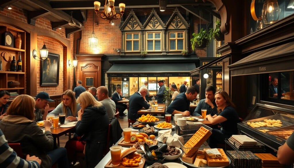 A bustling Belgian restaurant scene, with a cozy, inviting ambiance. In the foreground, patrons enjoy hearty meals of moules-frites, waffles, and artisanal beers, set against a backdrop of rustic wooden furnishings, exposed brick walls, and soft, warm lighting. The middle ground features a display of Belgian delicacies, including fragrant cheeses, chocolates, and traditional pastries. In the background, the restaurant's exterior showcases classic Flemish architecture, with ornate gables and a charming sidewalk cafe. The overall scene conveys the rich, authentic flavors and convivial atmosphere of the best Belgian restaurants in the United States.