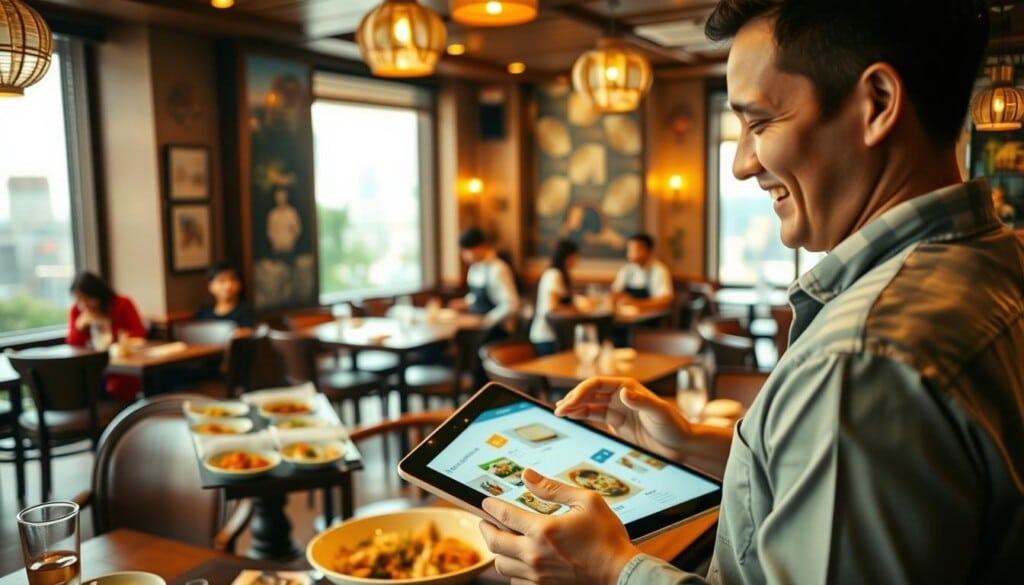 A bustling Burmese restaurant interior, bathed in warm, soft lighting. In the foreground, a smiling customer browses a digital menu on a sleek tablet device, navigating the diverse selection of authentic Burmese dishes. The middle ground features attentive servers moving gracefully between tables, delivering aromatic plates. In the background, the decor blends traditional Burmese elements with modern accents, creating an inviting, cultural ambiance. A large window offers a glimpse of the vibrant city outside, setting the scene for a delightful dining experience powered by the LocalZ platform.