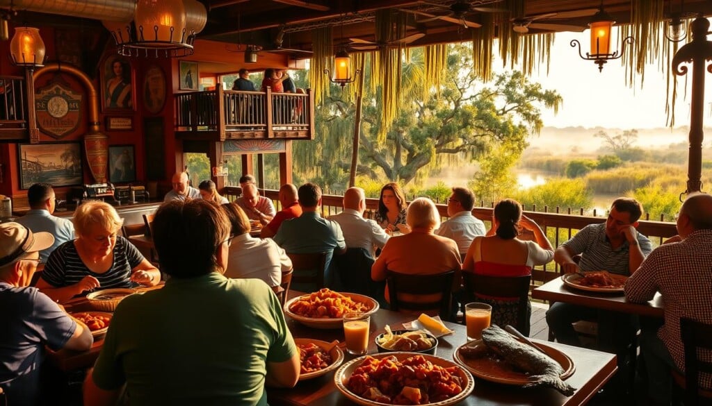 A bustling Cajun restaurant scene set against a backdrop of lush bayous and vibrant Creole architecture. In the foreground, a group of patrons enjoying hearty gumbos, spicy jambalaya, and sizzling blackened catfish, bathed in warm, golden lighting. In the middle ground, the restaurant's interior features rustic wooden accents, wrought-iron fixtures, and walls adorned with Cajun memorabilia. In the distance, the bayou landscape stretches out, with cypress trees draped in Spanish moss and a gentle mist hanging in the air, creating an atmosphere of relaxed Southern charm. The overall scene conveys the rich cultural heritage and mouthwatering flavors that define the top Cajun restaurants in the United States.