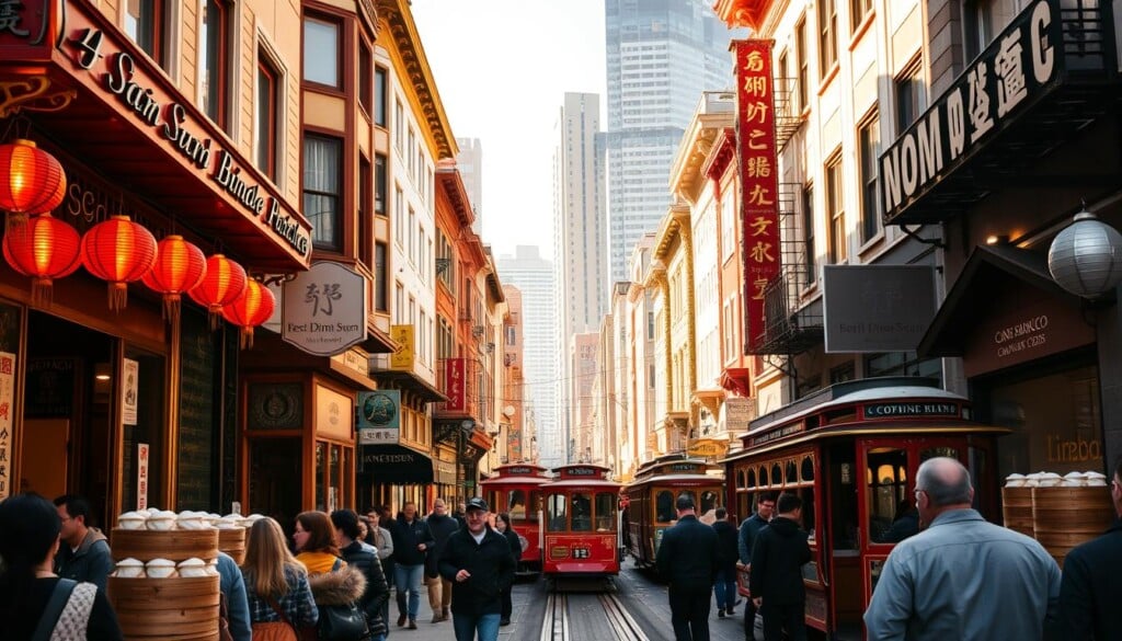 A bustling Chinatown street in San Francisco, bathed in warm, golden afternoon light. The facades of the best Dim Sum restaurants stand out, their windows adorned with vibrant red lanterns and Chinese characters. In the foreground, people can be seen carrying bamboo steamers filled with freshly prepared dumplings, buns, and other Dim Sum delicacies. The middle ground features the iconic cable cars that transport passengers up and down the hilly streets, while the background showcases the towering skyscrapers of the city's financial district, creating a striking contrast between old and new. The overall atmosphere is one of lively energy, mouthwatering aromas, and a celebration of the rich culinary traditions of the Bay Area.