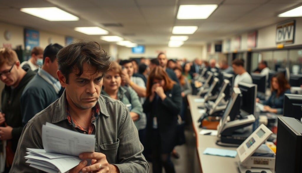 A bustling DMV office, with people queuing up at various counters, faces etched with frustration and exasperation. In the foreground, a frazzled individual grapples with a stack of paperwork, while in the middle ground, a long line snakes towards the service desks, illuminated by the harsh fluorescent lights overhead. The background is a blur of activity, with employees hurriedly processing requests amidst the cacophony of voices and the clatter of keyboards. The overall atmosphere is one of tension and discomfort, capturing the common challenges faced by those navigating the often-daunting bureaucracy of the Department of Motor Vehicles.