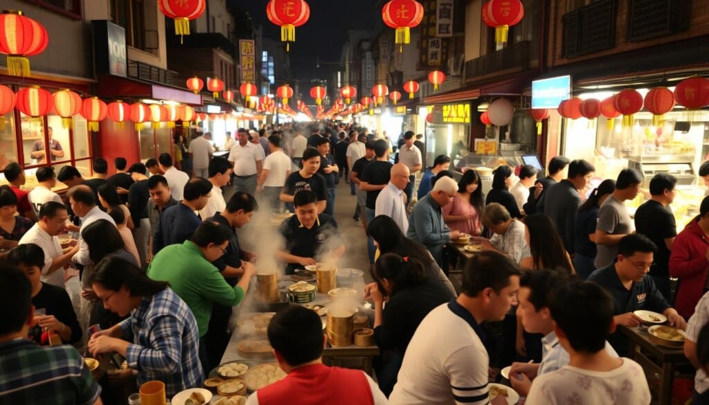 A bustling Dim Sum festival in a vibrant Chinatown setting. In the foreground, groups of people gather around small tables, plates piled high with steaming dumplings, buns, and other delectable Cantonese delights. The middle ground is alive with the energy of chefs, servers, and vendors, their movements a blur of activity. In the background, colorful lanterns and decorations hang from the buildings, casting a warm, festive glow over the scene. The atmosphere is one of community, tradition, and shared culinary delight, as locals and visitors alike immerse themselves in the sights, sounds, and flavors of this beloved cultural celebration.