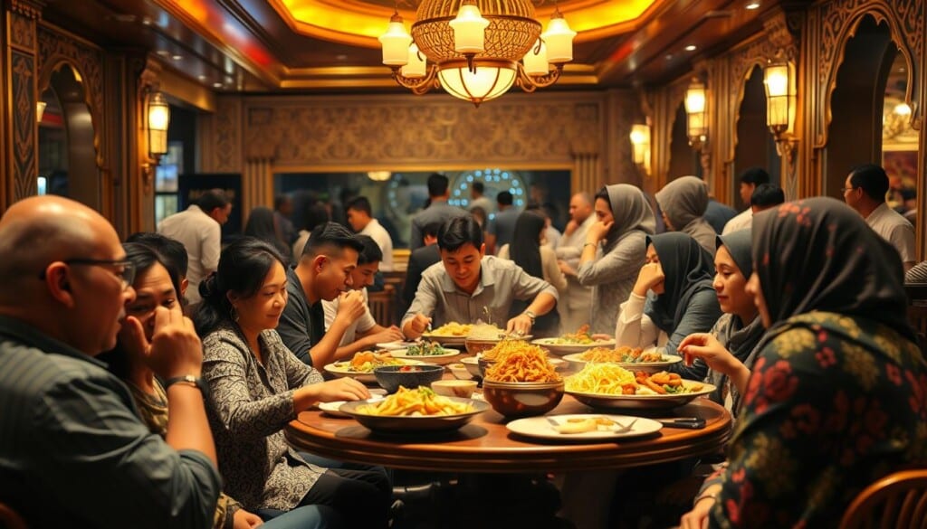 A bustling Halal restaurant scene, bathed in warm, vibrant lighting. In the foreground, a diverse group of diners enjoying a communal meal, their faces expressing the joy and cultural significance of this dining experience. In the middle ground, servers gracefully navigating the lively space, delivering fragrant, beautifully presented Halal dishes. The background reveals ornate, culturally-inspired decor, transporting the viewer to a realm where culinary tradition and community come together in harmonious celebration. A sense of cultural pride and belonging permeates the scene, capturing the essence of why Halal restaurants are cherished gathering places.
