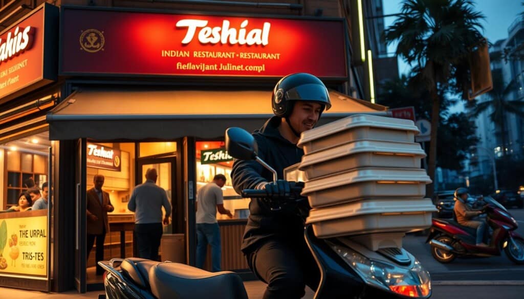 A bustling Indian restaurant, its exterior bathed in warm golden light, the aromas of spices and curries wafting into the night air. In the foreground, a delivery person on a scooter, uniform neatly pressed, a stack of insulated food containers in hand, ready to transport the flavors of the East to eager customers. The middle ground reveals the restaurant's interior, a cozy space filled with the chatter of patrons and the sizzle of sautéing ingredients. In the background, the city skyline gently fades, a testament to the convenience of modern dining experiences.
