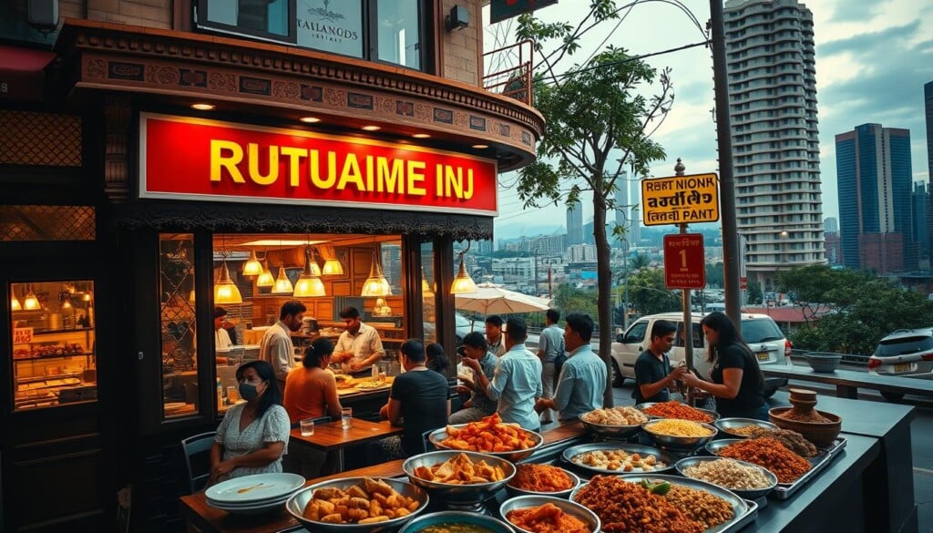 A bustling Indian restaurant nestled in a vibrant urban setting, its facade adorned with intricate architectural details and vibrant signage. Through the large windows, glimpses of the interior's warm lighting and lively atmosphere draw in passersby. The foreground features an array of traditional Indian dishes, their aromas wafting out to entice the senses. In the middle ground, patrons engaged in animated conversations, savoring the diverse flavors and experiencing the regional variations of Indian cuisine. The background showcases the city's skyline, with towering buildings and a hints of a scenic landscape beyond, creating a sense of place and cultural immersion. The overall scene evokes a sense of authenticity, hospitality, and the joy of discovering new culinary experiences.