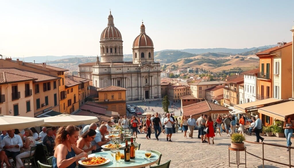 A bustling Italian city landscape with vibrant, sun-drenched piazzas, charming cobblestone streets, and iconic architecture. In the foreground, a lively outdoor café with people enjoying plates of pasta, pizza, and glasses of wine. The middle ground features a grand cathedral with a towering dome, its intricate façade bathed in warm, golden light. In the background, rolling hills dotted with vineyards and olive groves stretch out to the horizon. The scene is infused with a sense of authentic Italian ambiance and joie de vivre, inviting the viewer to immerse themselves in the delights of the local cuisine and culture.