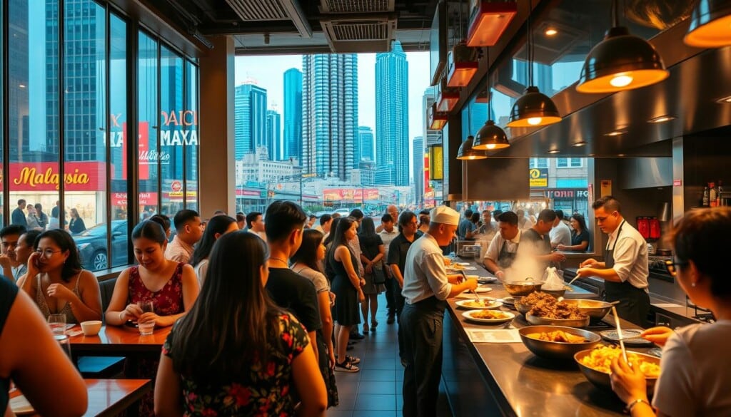 A bustling Malaysian restaurant in a vibrant downtown setting, the aroma of fragrant spices and sizzling dishes wafting through the air. In the foreground, a diverse group of patrons eagerly await their meals, their faces aglow with anticipation. The middle ground showcases the restaurant's lively ambiance, with servers expertly navigating between tables and the open kitchen, where chefs skillfully prepare a mouthwatering array of traditional Malaysian specialties. The background features a cityscape of towering skyscrapers and a vibrant street scene, underscoring the growing popularity and integration of Malaysian cuisine into the American culinary landscape. Lit by warm, golden lighting and captured through a wide-angle lens, the scene conveys a sense of cultural celebration and the rising prominence of Malaysian flavors in the US.