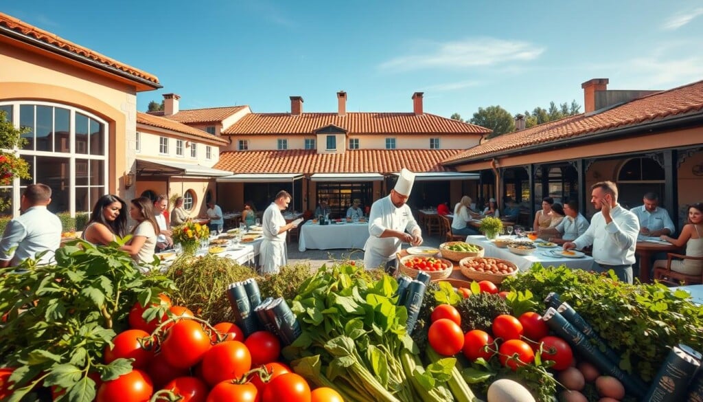 A bustling Mediterranean restaurant set against a backdrop of terracotta rooftops and azure blue skies. The foreground features a vibrant display of fresh produce, including ripe tomatoes, crisp greens, and fragrant herbs. In the middle ground, a group of chefs in pristine white uniforms skillfully prepare a variety of Mediterranean dishes, their movements choreographed like a well-rehearsed dance. The light filters in through large windows, casting a warm, golden glow over the scene, evoking a sense of timeless tradition and culinary mastery. The atmosphere is one of conviviality and shared joy, as patrons gather around long, communal tables to savor the flavors of the Mediterranean.