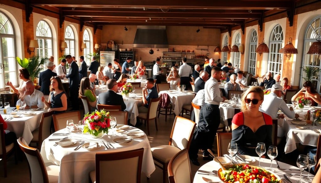 A bustling Mediterranean restaurant, sunlight streaming through large windows and illuminating the lively scene. In the foreground, elegant tables are set with crisp white linens, vibrant floral centerpieces, and gleaming silverware, as well-dressed patrons enjoy animated conversation over plates of fragrant, colorful cuisine. In the middle ground, servers in crisp uniforms move gracefully between tables, while in the background, an open kitchen bustles with activity, the sizzle of sautéing vegetables and the aroma of freshly baked bread wafting through the air. The atmosphere is one of conviviality and joie de vivre, a celebration of the Mediterranean lifestyle.