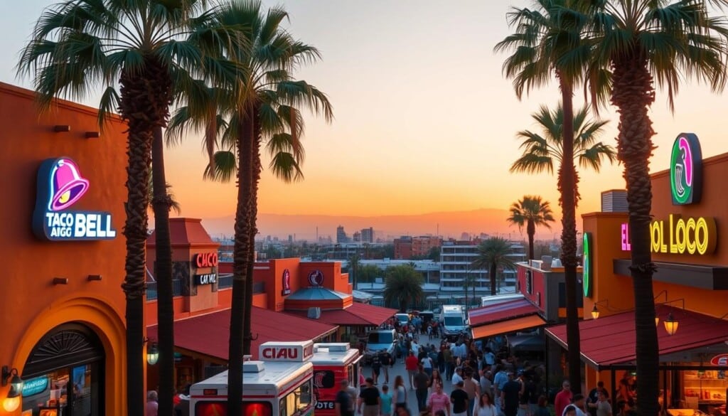 A bustling Mexican food court with vibrant stucco facades, palm trees, and a festive ambiance. In the foreground, neon-lit signs for iconic chains like Taco Bell, Chipotle, and El Pollo Loco. Middle ground features a mix of open-air dining, food trucks, and lively crowds. The background showcases a hazy sunset over a skyline of low-rise buildings. Warm, sunset-tinted lighting casts a golden glow, complementing the zesty flavors and lively atmosphere of the scene.