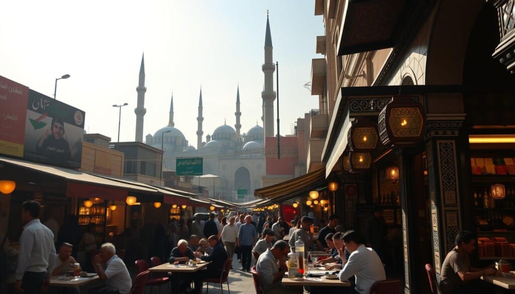 A bustling Middle Eastern marketplace, filled with vibrant colors, aromas, and the lively chatter of patrons. In the foreground, the facade of a renowned restaurant, its ornate tiles and intricate architectural details drawing the eye. Tables spill out onto the sidewalk, where diners savor fragrant dishes and sip on aromatic teas. In the distance, the silhouettes of towering minarets against a sun-dappled sky, creating an atmosphere of cultural richness and gastronomic delight. Soft, warm lighting casts a welcoming glow, inviting visitors to explore the vibrant culinary scene of the Middle East, right here in the heart of the city.
