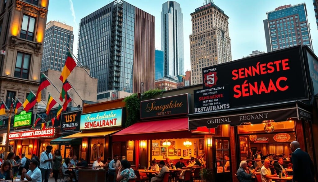 A bustling New York City street lined with vibrant Senegalese restaurants, their facades adorned with colorful flags and lively signage. In the foreground, a group of diners enjoying a lively outdoor dining experience, savoring authentic Senegalese cuisine. The middle ground features the restaurants' interiors, warm and inviting, with traditional decor and lively conversations. In the background, the iconic skyscrapers of the city skyline, creating a dynamic contrast between the urban landscape and the cultural charm of the Senegalese establishments. Warm, golden lighting illuminates the scene, evoking a cozy and welcoming atmosphere. The overall composition captures the essence of New York's thriving Senegalese culinary scene.