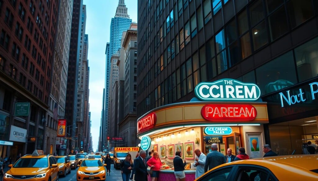 A bustling New York City street, with towering skyscrapers and yellow cabs lining the roads. In the foreground, a charming ice cream parlor stands out, its bright neon sign and colorful decor catching the eye. The storefront is adorned with vintage-inspired details, evoking the city's rich history. Inside, customers queue up to sample the diverse array of handcrafted ice cream flavors, from classic vanilla to unique local specialties. The lighting is warm and inviting, casting a soft glow over the scene. The overall atmosphere is one of urban energy and indulgence, capturing the essence of the best ice cream parlors in major cities across the USA.