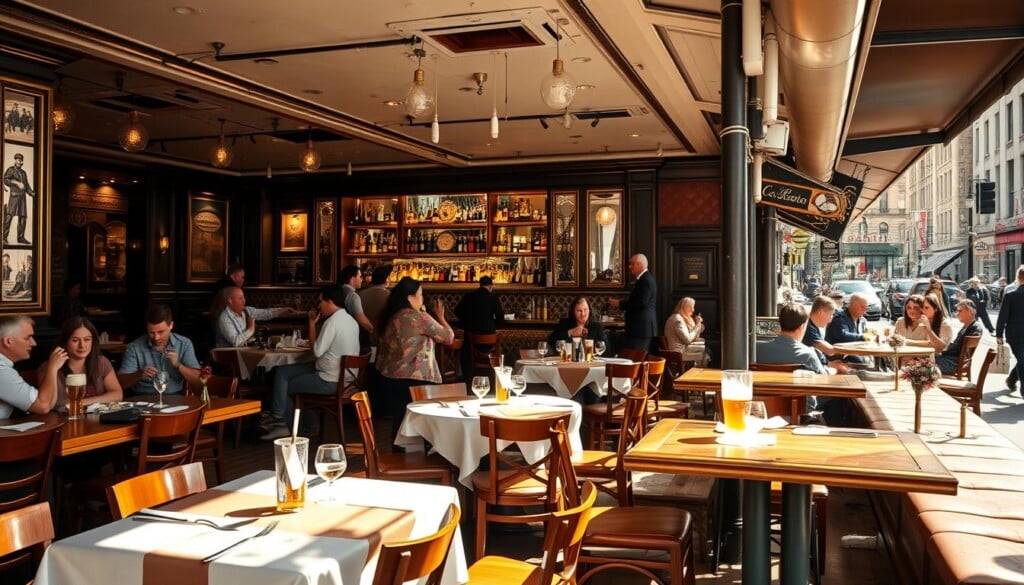 A bustling Parisian-style brasserie on a sun-dappled street in a vibrant American city. In the foreground, wooden tables with crisp white tablecloths, polished brass accents, and clusters of diners savoring hearty meals and rich, foamy beers. The middle ground features a long, ornate bar with a mirrored back, bartenders deftly pouring drinks and conversing with patrons. In the background, a warm, inviting glow emanates from the large windows, revealing a cozy, vintage-inspired interior with plush leather banquettes, intricate tile work, and brass fixtures. A lively, convivial atmosphere permeates the scene, capturing the essence of the quintessential American brasserie.