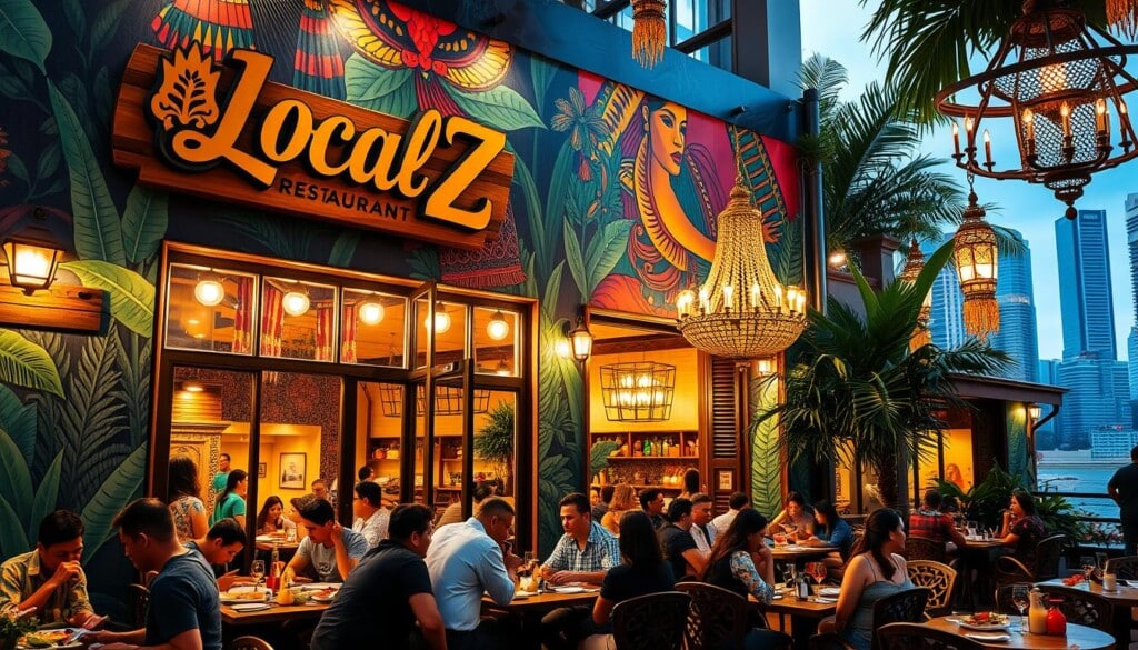 A bustling Peruvian restaurant facade with a vibrant mural depicting traditional Inca imagery, colorful textiles, and lush tropical foliage. The entrance is adorned with a wooden sign that reads "LocalZ" in an elegant script. Warm lighting spills out from the windows, creating a welcoming atmosphere. In the foreground, a group of people enjoy a lively outdoor dining experience, savoring authentic Peruvian dishes. The middle ground showcases the restaurant's interior, with intricately carved wooden furniture and ornate chandeliers. The background features a cityscape with towering skyscrapers, hinting at the restaurant's urban setting. The overall scene conveys a harmonious blend of Peruvian cultural heritage and contemporary sophistication.