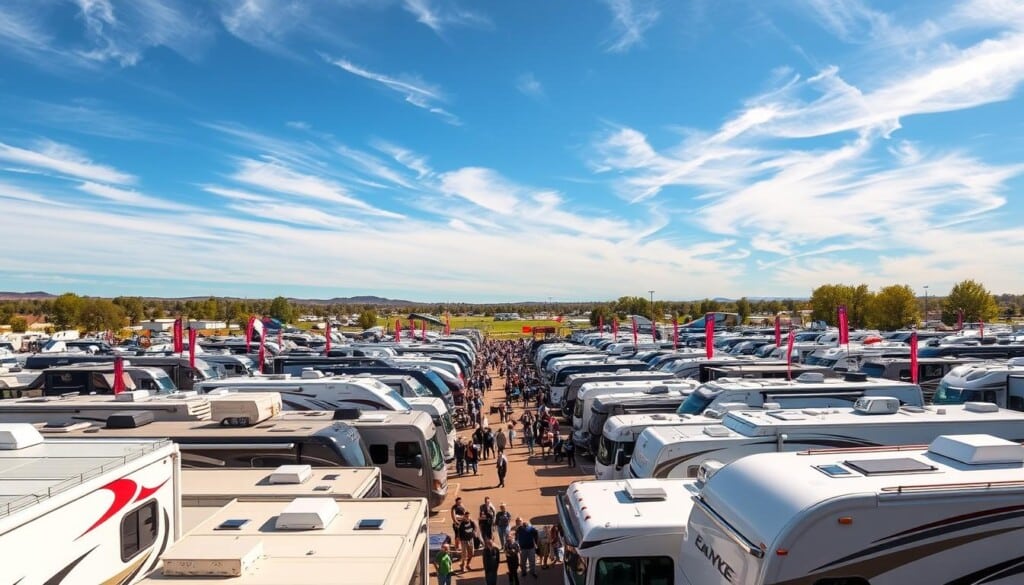A bustling RV expo in a bright, sun-drenched outdoor setting. In the foreground, rows of gleaming recreational vehicles lined up, their sleek profiles and vibrant colors catching the eye. In the middle ground, crowds of attendees stroll between the display booths, examining features and amenities. Overhead, a clear blue sky with wispy clouds, creating a sense of openness and freedom. Warm, natural lighting illuminates the scene, casting a welcoming glow over the entire event. The atmosphere is one of excitement and anticipation, as RV enthusiasts explore the latest models and innovations, dreaming of their next great adventure on the open road.