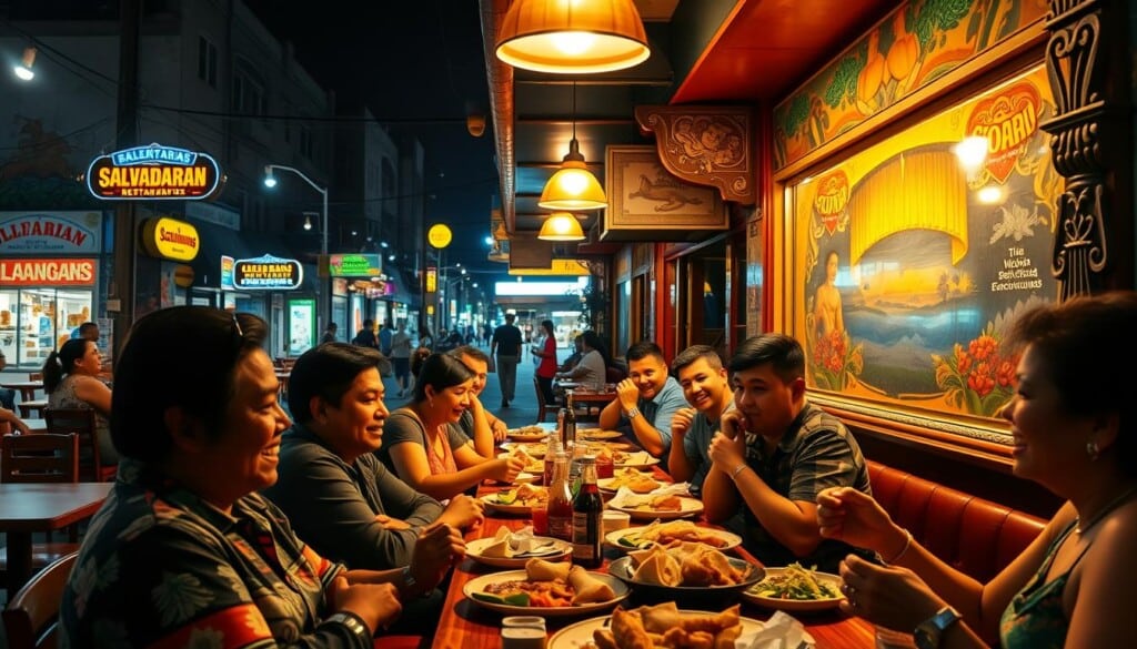 A bustling Salvadoran restaurant, lit by warm, golden lighting that spills out onto the street. In the foreground, a group of diners enjoying hearty pupusas, tamales, and other traditional dishes, their faces alight with conversation and laughter. In the middle ground, the restaurant's vibrant, colorful decor - vibrant murals, bold textiles, and intricate wood carvings - create an inviting, authentic atmosphere. The background features the lively urban setting, with other Salvadoran eateries and storefronts lining the street, giving a sense of the vibrant Salvadoran community that thrives in this neighborhood. The entire scene conveys a feeling of cultural richness, culinary delights, and a welcoming, communal spirit.
