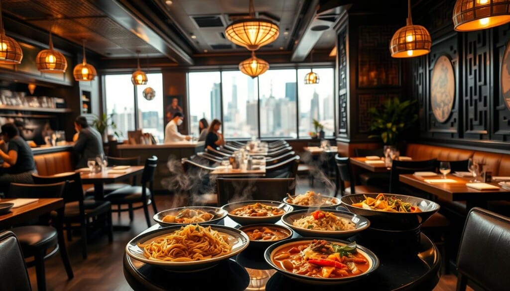 A bustling Singaporean restaurant in downtown Chicago, with warm lighting and a cozy, intimate atmosphere. In the foreground, a table is set with authentic Singaporean dishes - steaming plates of flavorful noodles, aromatic curries, and vibrant vegetable dishes. The middle ground features the restaurant's interior, with dark wood furnishings, intricate Asian decor, and a open kitchen where chefs skillfully prepare the dishes. In the background, the Chicago skyline is visible through large windows, creating a striking contrast between the urban setting and the traditional Singaporean culinary experience. The overall scene evokes a sense of cultural fusion, where the flavors and ambiance of Singapore come together seamlessly in the heart of the Windy City.