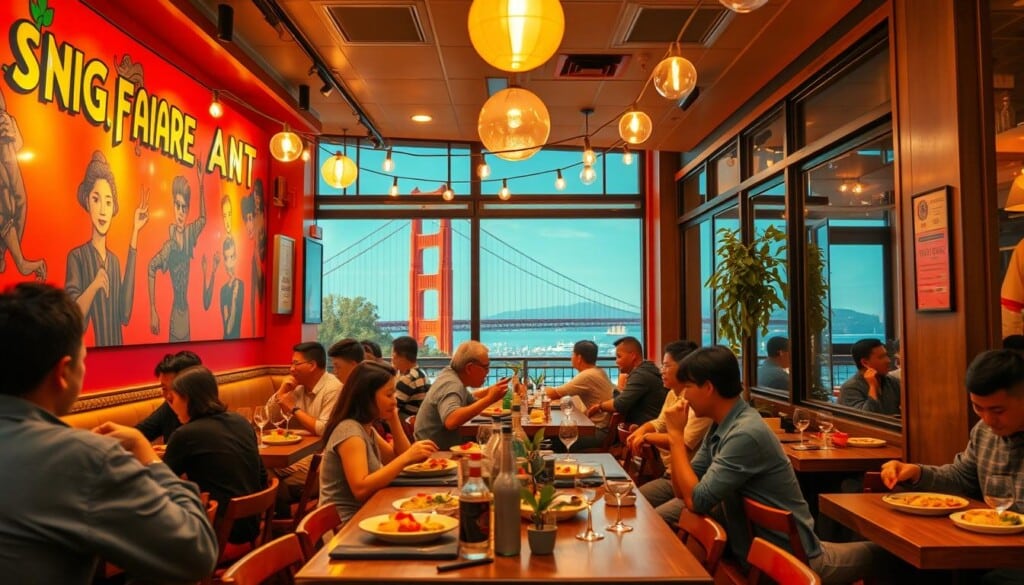 A bustling Singaporean restaurant in downtown San Francisco, its vibrant facade inviting passersby. Inside, the warm glow of string lights illuminates wooden tables where diners savor familiar flavors - fragrant curries, sizzling satays, and aromatic noodle dishes. The atmosphere is lively, with the clink of glasses and chatter of friends sharing a meal. In the background, a view of the iconic Golden Gate Bridge can be seen through large windows, blending the essence of two distinct cultures. The scene is captured with a crisp, photojournalistic style, using a wide-angle lens to convey the energy and energy of this culinary intersection.
