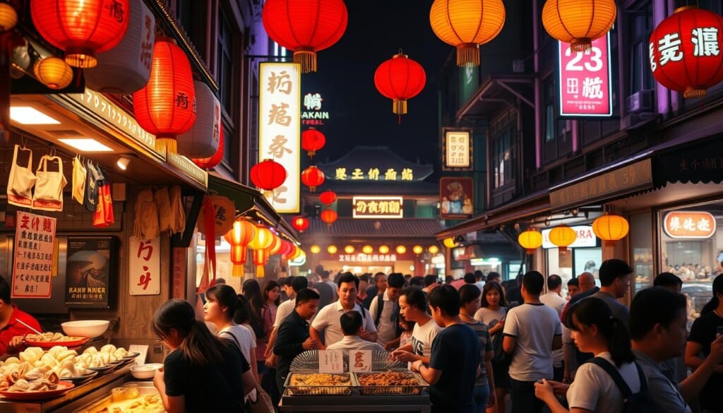 A bustling Taiwanese night market scene, with vibrant red lanterns and lively stalls serving fragrant dumplings, steaming noodle dishes, and sizzling beef skewers. The foreground features a well-lit display of local delicacies, while the middle ground showcases a diverse crowd of diners enjoying the lively atmosphere. In the background, glimpses of traditional architecture and neon-lit signs create a sense of authentic Taiwanese ambiance, illuminated by warm, golden lighting that casts a cozy glow over the entire scene. The overall composition conveys the energy, flavors, and cultural richness of the best Taiwanese restaurants.