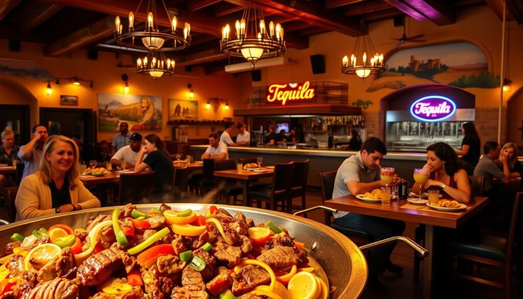 A bustling Tex-Mex restaurant in California, bathed in warm, golden light. In the foreground, a vibrant display of sizzling fajitas, overflowing with tender steak, peppers, and onions. Diners seated at wooden tables, enjoying margaritas and fresh-made tortilla chips with salsa. The middle ground showcases an open kitchen, where chefs skillfully prepare classic Mexican dishes like enchiladas and tamales. In the background, a lively bar area with a neon "Tequila" sign, evoking the lively atmosphere of a Tex-Mex establishment. Overhead, rustic chandeliers cast a cozy glow, complementing the adobe-style architecture and vibrant wall murals depicting scenes of Mexican culture.