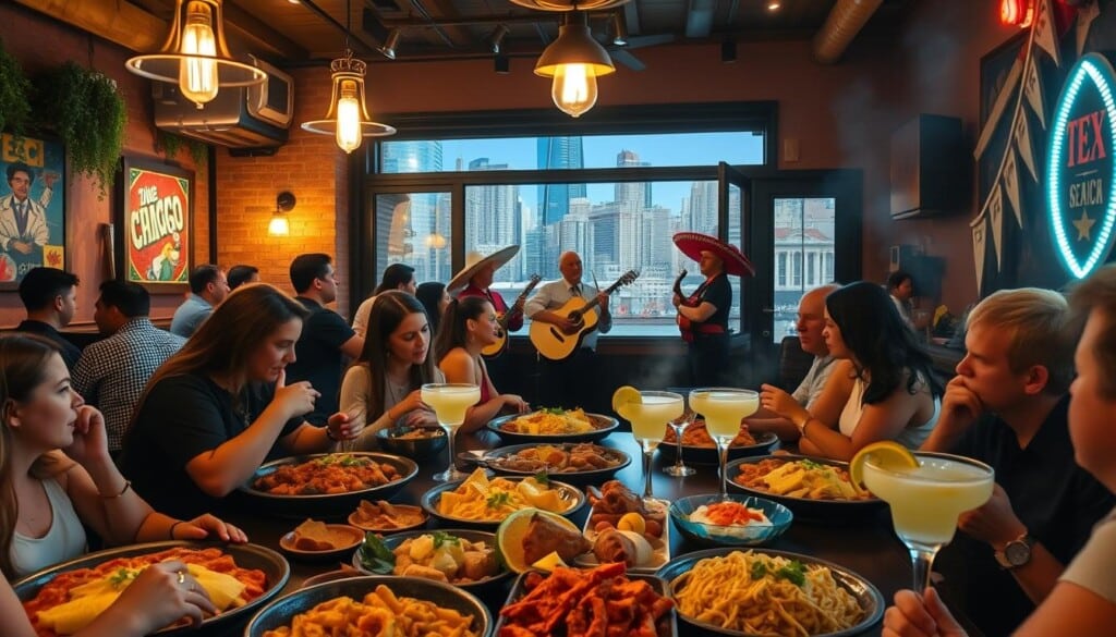 A bustling Tex-Mex restaurant nestled in the heart of vibrant Chicago, with warm, earthy tones and lively energy. In the foreground, a table overflows with sizzling fajitas, steaming enchiladas, and zesty margaritas. Patrons gather around, engaged in lively conversation, their faces illuminated by the soft glow of pendant lighting. In the middle ground, a mariachi band plays lively tunes, their vibrant costumes adding to the festive atmosphere. Behind them, the restaurant's facade showcases a blend of modern and traditional Mexican design elements, framed by the iconic Chicago skyline in the distant background. The scene exudes a delightful fusion of Texan and Mexican culinary and cultural influences, perfectly capturing the spirit of Chicago's thriving Tex-Mex dining scene.