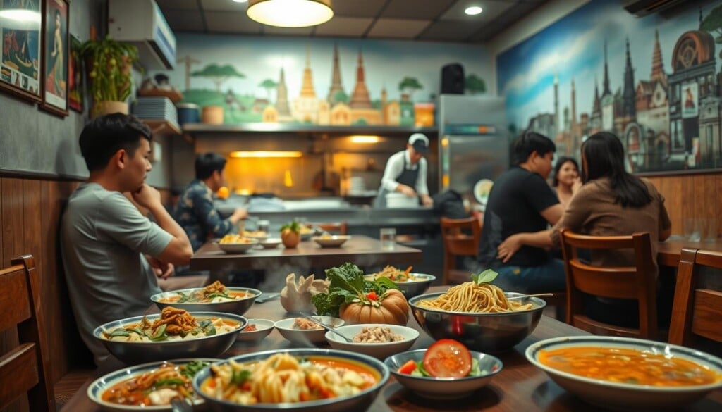 A bustling Thai restaurant nestled in a cozy, budget-friendly setting. In the foreground, a table adorned with aromatic dishes - vibrant curries, steaming noodles, and fresh garnishes. Diners enjoy the casual ambiance, with simple wooden furnishings and warm lighting casting a welcoming glow. In the middle ground, the kitchen bustles with activity, chefs skillfully preparing authentic Thai specialties. The background features a mural of Thai landmarks, creating an immersive cultural experience. The overall atmosphere conveys a balance of affordability and high-quality, homestyle Thai cuisine.