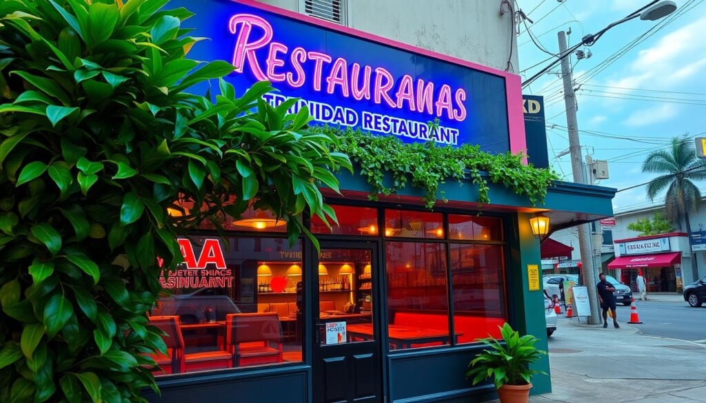 A bustling Trinidadian restaurant with a vibrant exterior, its signage proudly displaying its name in bold, neon-lit letters. The entrance is framed by lush tropical foliage, creating a welcoming ambiance. Through the large windows, one can glimpse the warmly lit interior, where the aroma of spices and sizzling dishes wafts out, enticing passersby. The restaurant is set against a backdrop of a typical urban streetscape, with other businesses and residences visible in the distance, creating a sense of place and integration with the local community.