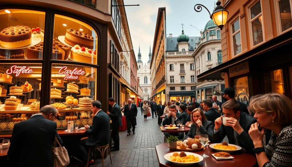 A bustling Vienna cafe, its facade adorned with elegant Viennese-style architecture and vibrant window displays showcasing mouthwatering Sachertorte, Apfelstrudel, and other classic Austrian delicacies. In the foreground, well-dressed patrons sip rich Viennese coffee and indulge in hearty Wiener Schnitzel and Käsespätzle. The middle ground reveals a charming cobblestone street lined with quaint shops and bakeries, while the background features the iconic spires and domes of historic Austrian landmarks. The lighting is warm and inviting, evoking the cozy, convivial atmosphere of a true Viennese Kaffeehaus.