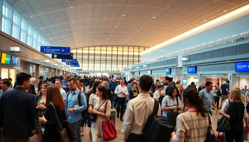 A bustling airport terminal, filled with travelers engaged in lively interactions. The foreground features a diverse group of passengers - families, business executives, and solo adventurers - discussing travel plans, sharing meals, or browsing local shops. The middle ground showcases airport staff assisting with luggage, directing foot traffic, and interacting with the public. In the background, the grand architectural design of the terminal is illuminated by warm, natural lighting, creating a welcoming atmosphere. The scene conveys a sense of community, collaboration, and the integral role the airport plays in connecting people and fostering local engagement.