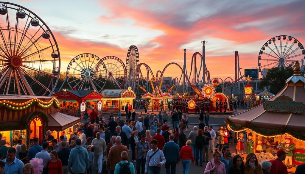A bustling amusement park in the height of the season, with visitors enjoying a variety of seasonal festivities. In the foreground, families revel in a carnival atmosphere, playing games, riding colorful ferris wheels, and indulging in cotton candy and funnel cakes. The middle ground showcases elaborate parade floats adorned with seasonal decorations, marching bands, and costumed performers. In the background, towering roller coasters and themed rides stand against a vibrant, sunset-hued sky. Warm lighting sets a festive mood, capturing the joy and excitement of amusement park events and festivals.