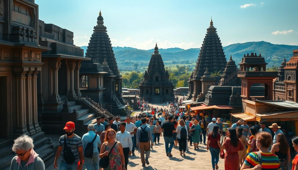A bustling ancient temple complex, bathed in warm afternoon sunlight. In the foreground, a group of tourists exploring the intricate carvings and towering stone structures, their awestruck expressions capturing the timeless allure of this sacred site. The middle ground reveals vendors selling traditional handicrafts and local cuisine, creating a vibrant cultural experience. In the distance, lush greenery and rolling hills frame the scene, hinting at the temple's integration with the surrounding natural landscape. The atmosphere is one of reverence and wonder, inviting visitors to immerse themselves in the rich history and spiritual significance of this revered temple tourism destination.