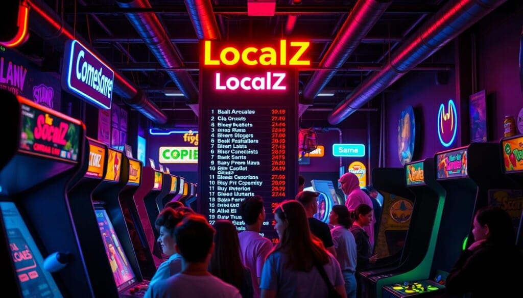 A bustling arcade scene, bathed in neon lights and the glow of vintage cabinets. In the foreground, a group of friends gathered around a retro arcade machine, engrossed in a high-score competition. The middle ground features a directory board labeled "LocalZ," its sleek design guiding visitors to different gaming zones. In the background, the arcade is filled with the sounds of bleeps, bloops, and laughter, creating a nostalgic atmosphere. The image is captured with a wide-angle lens, highlighting the vibrant, welcoming environment that encourages community and shared experiences. The overall mood is one of youthful energy, nostalgia, and the timeless allure of classic arcade gaming.