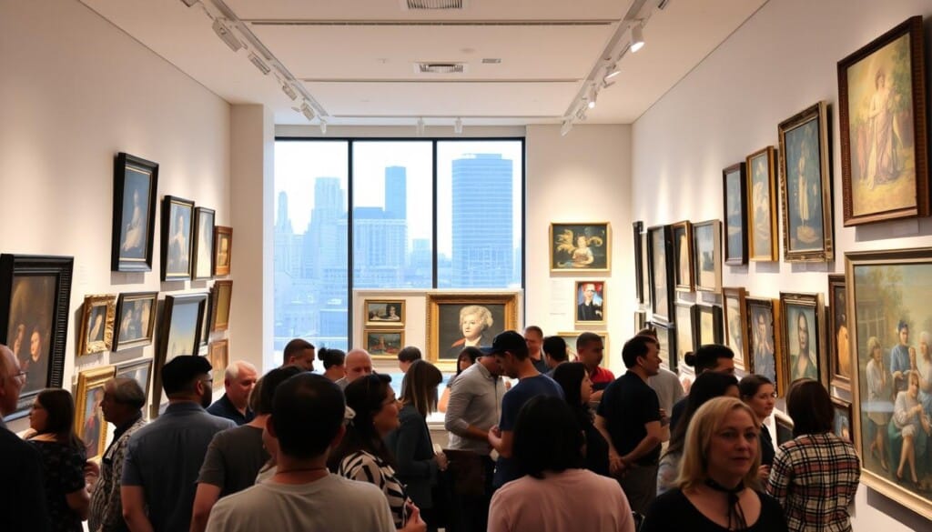 A bustling art gallery filled with guests admiring the diverse collection. The foreground features a group of art enthusiasts engaged in lively discussion, their expressions animated as they study the captivating paintings on the walls. The middle ground showcases an elegant reception area, with a sleek modern design and soft lighting creating a welcoming ambiance. In the background, a large window provides a glimpse of the city skyline, hinting at the gallery's urban setting. The overall scene conveys a sense of intellectual curiosity, cultural enrichment, and the vibrant energy of a thriving art community.