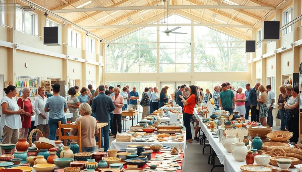 A bustling arts and crafts event set in a vibrant, light-filled community center. In the foreground, a variety of handmade wares are displayed on neatly arranged tables - colorful ceramics, intricate woodcarvings, and delicate textile creations. In the middle ground, artisans can be seen passionately demonstrating their techniques, engaging with a curious and engaged crowd. The background features an expansive, high-ceilinged space with large windows that allow natural light to stream in, casting a warm, inviting glow over the entire scene. The atmosphere is one of creativity, community, and a shared appreciation for the beauty of handmade crafts.