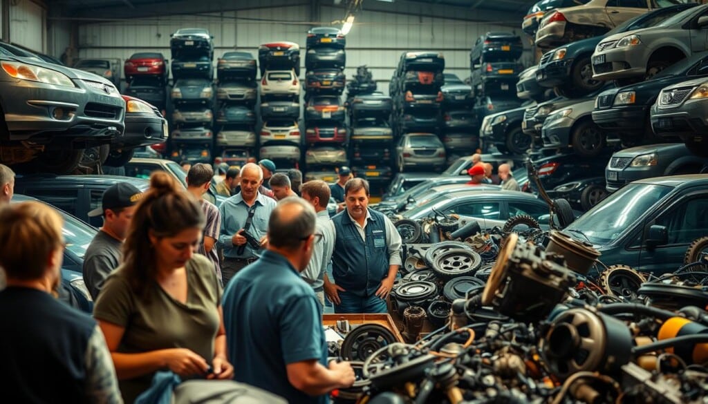 A bustling auto salvage yard, where the LocalZ community gathers to engage, exchange, and thrive. In the foreground, a group of locals peruse through neatly organized car parts, their faces lit by the warm glow of overhead lamps. In the middle ground, a mechanic guides a newcomer, sharing knowledge and fostering a sense of camaraderie. In the background, towering stacks of salvaged vehicles form a visually striking backdrop, hinting at the interconnectedness of this vibrant ecosystem. The scene is captured through a wide-angle lens, conveying a sense of scale and the communal nature of this vibrant hub. Soft, diffused lighting creates a welcoming atmosphere, inviting the viewer to immerse themselves in the collaborative spirit of the LocalZ community.