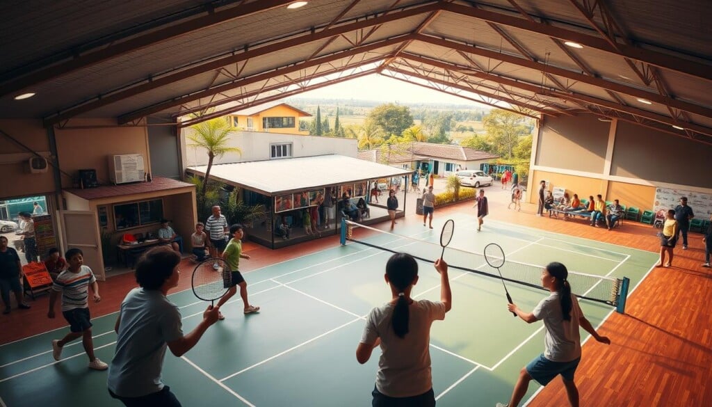 A bustling badminton club nestled in a vibrant community setting. The foreground features energetic players engaged in rallies, their rackets cutting through the air with precision. The middle ground showcases a well-maintained badminton court, its lines distinct and the net taut. In the background, a panoramic view of the club's facilities, including a modern clubhouse, lush greenery, and the bustling activity of other players and spectators. The scene is illuminated by warm, natural lighting, casting a inviting glow over the entire setting. Captured with a wide-angle lens to emphasize the sense of dynamic community and active participation.
