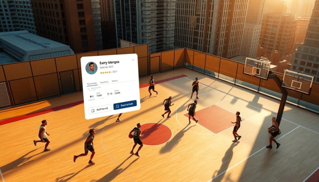 A bustling basketball court, captured from an elevated perspective, with players dribbling and shooting against a backdrop of urban skyscrapers. The court is well-lit, with warm, golden sunlight casting long shadows across the smooth, polished surface. The players move with fluid grace, their movements captured in a series of dynamic poses. In the foreground, a sleek, modern digital interface hovers, displaying detailed information about the court's availability, booking options, and user reviews. The scene conveys a sense of excitement, efficiency, and the seamless integration of technology into the sports experience.