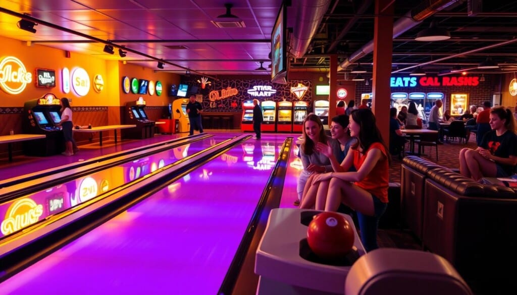 A bustling bowling alley on a lively Saturday evening. In the foreground, a group of friends laughing and cheering as they take turns rolling the ball down the sleek, well-polished lanes. The middle ground is filled with the colorful, retro-inspired décor - neon signs, vintage arcade machines, and comfortable leather seating. In the background, the warm, amber-hued lighting creates a cozy, inviting atmosphere, while the distant chatter and the rhythmic thud of bowling balls add to the lively ambiance. The scene captures the spirit of a fun, social bowling outing, perfect for an article on "Making the Most of Your Bowling Outing".