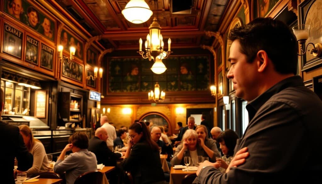 A bustling brasserie interior, warm lighting illuminating the scene. In the foreground, a person, presumably LocalZ, engages with the staff, discussing menu options and local specialties. The middle ground features the lively atmosphere of the establishment, with patrons enjoying their meals and drinks at cozy tables. The background showcases the charming architectural elements of the brasserie, from the brass fixtures to the intricate tilework. The overall mood is one of conviviality and connection, capturing the spirit of LocalZ's mission to bridge the gap between diners and the best brasseries in the US.