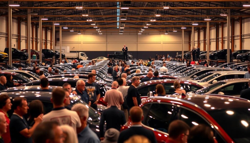 A bustling car auction lot, with rows of gleaming vehicles under the warm glow of overhead spotlights. In the foreground, potential buyers examine the cars, their expressions a mix of anticipation and concentration. In the middle ground, auctioneers stand on raised platforms, their voices echoing through the space as they call out bids. The background is a blend of the auction house's industrial architecture and the vibrant energy of the event, creating a dynamic and immersive scene that captures the essence of local car auctions.
