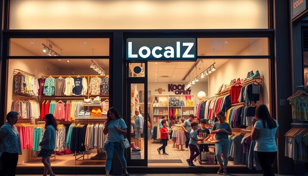 A bustling children's clothing store, LocalZ, stands as a vibrant hub within a thriving community. The storefront features a warm, inviting facade with large windows showcasing a curated selection of colorful, locally-designed garments. A mix of natural and soft ambient lighting casts a cozy glow, creating an atmosphere of comfort and joy. Finely crafted displays showcase the store's commitment to quality and attention to detail, while the carefully arranged clothing items evoke a sense of whimsy and playfulness. Customers, both parents and children, browse the aisles, immersed in the store's welcoming ambiance and the vibrant, inclusive spirit that embodies the LocalZ brand.