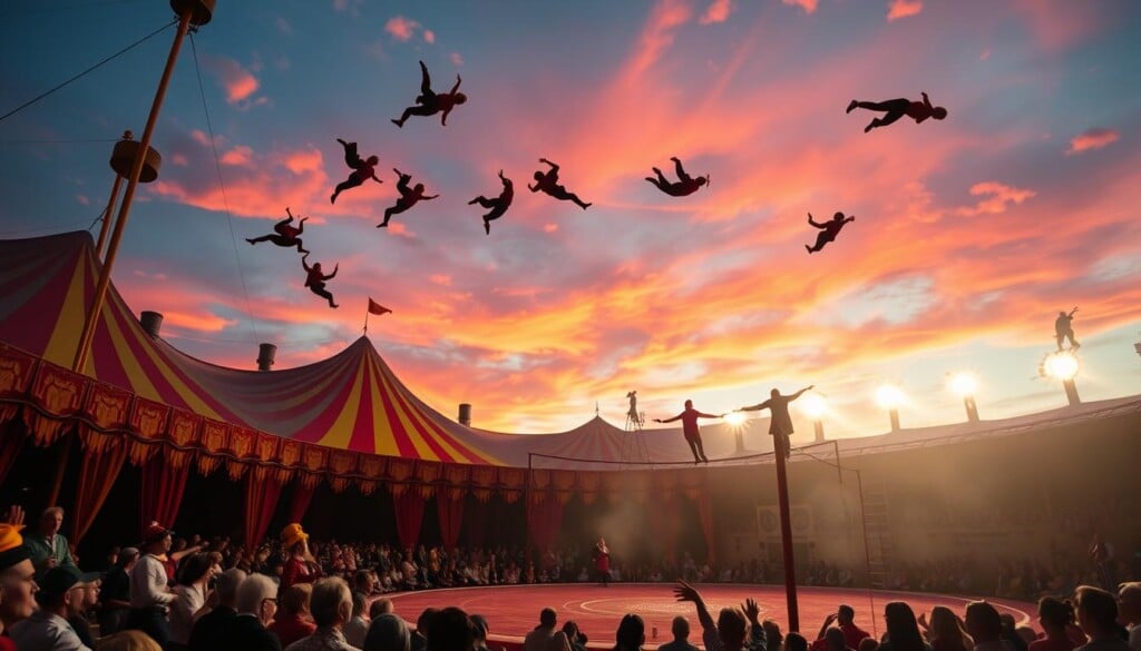 A bustling circus ring with acrobats gracefully soaring through the air, their lithe bodies silhouetted against a vibrant sunset sky. In the foreground, a troupe of clowns in colorful costumes engage the audience with comedic antics, their expressions full of mirth and energy. In the middle ground, tightrope walkers balance with poise and precision, while below, performers spin and tumble on a springy safety net. The scene is illuminated by the warm glow of vintage stage lights, casting a nostalgic, dreamlike atmosphere over the entire spectacle. The audience, captivated by the dazzling display, sits in rapt attention, the anticipation palpable in the air.