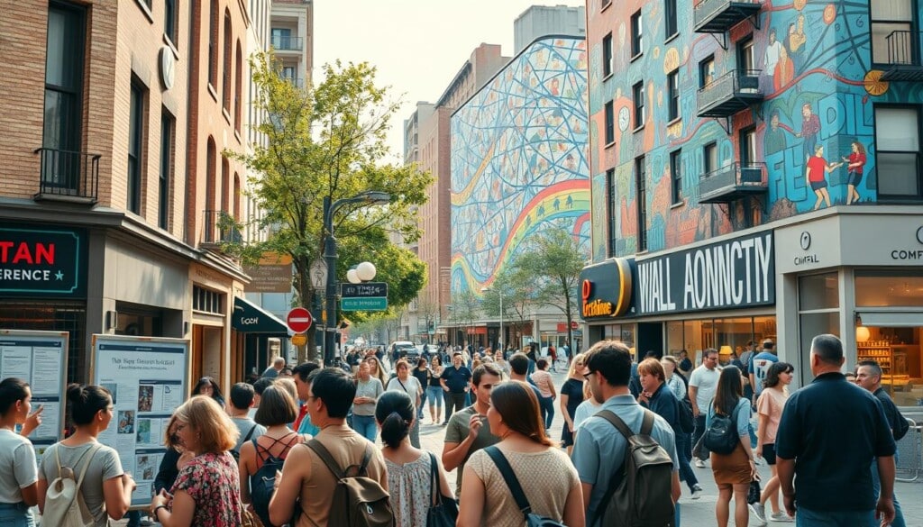 A bustling city intersection, teeming with diverse individuals engaged in lively interactions. In the foreground, a group of neighbors gathered around a community notice board, sharing information and ideas. The midground captures a vibrant street scene, with pedestrians of all ages strolling past local storefronts and cafes. In the background, a towering mural adorns the side of a building, depicting a vibrant tapestry of interconnected local connections. The lighting is warm and inviting, casting a soft glow over the scene. The camera angle is slightly elevated, providing a panoramic view that conveys a sense of community and togetherness.
